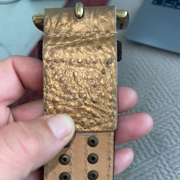 Michael Kors Belt Size Medium Brown Suede Gold Leather Trim Wide Brass Buckle - Picture 6 of 12